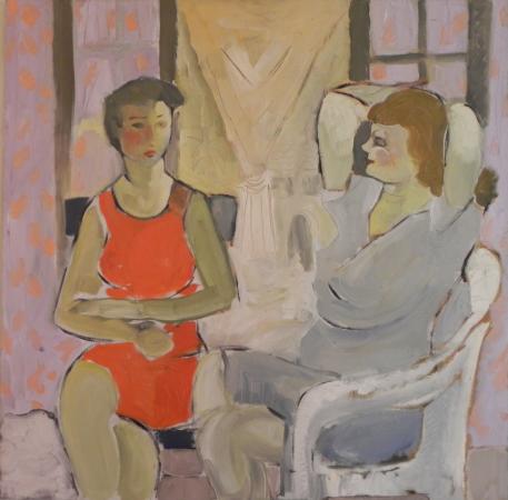 post impressionistic portrait of two ladies seated near a window