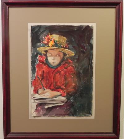 large watercolor of a little girl reading in a red sweater