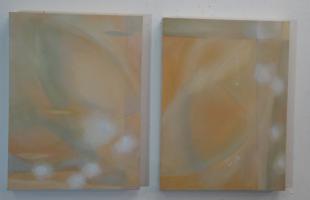 med sized abstract dyptich in ochres on canvas