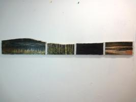 painted segmented landscape on thin piece of found wood