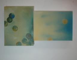 small abstract dyptych of softly painted dots 