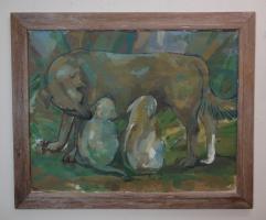 med sized framed painting of a mother dog and her pups in greens and blues