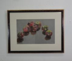 still life in pastel of apples on a table top
